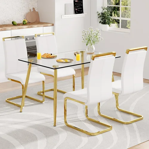 Vista 3 de Ebullient - Mesa de comedor rectangular de vidrio de 51 pulgadas para 4 a 6 años, moderna de mediados de siglo, con mesa de vidrio templado, patas