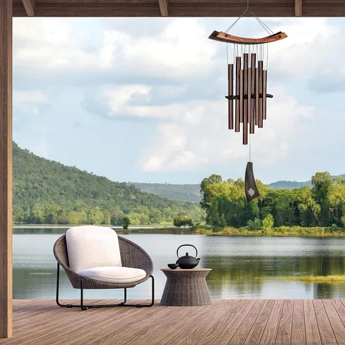 Vista 2 de Campanillas de viento Woodstock Chimes Eastern Energy Healing para exteriores de 34" de bronce mediano, sonido ligero armónico, decoración al aire