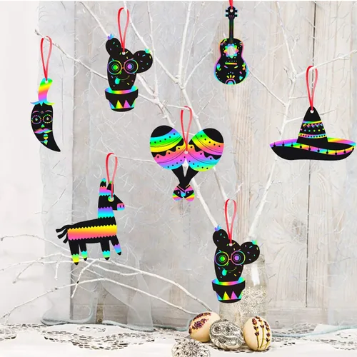 Vista 4 de WATINC Juego de 60 tarjetas de rascar de fiesta mexicana para niños y adultos, decoraciones de fiesta del Cinco de Mayo, kit de manualidades mágicas