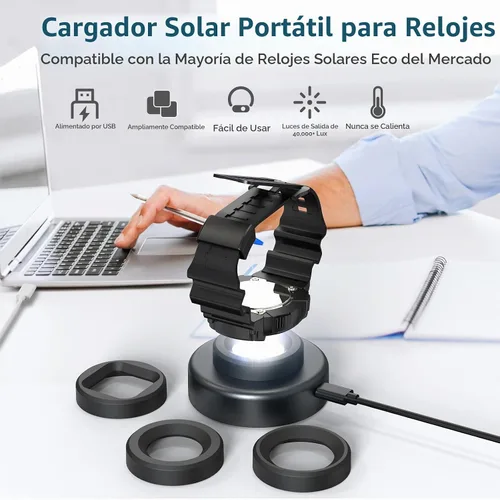 Vista 6 de Cargador de reloj solar, temporizador de apagado de 8H con hombres, mujeres y 3 tapas cuadradas, luz UV LED, carga rápida, relojes Eco Drive Negro