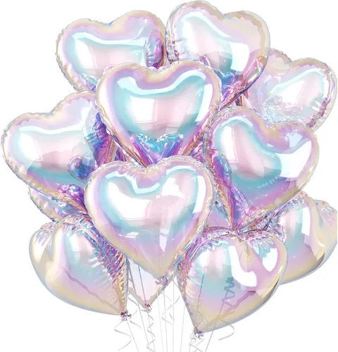 Vista 19 de Globos de corazón azul bebé, 10 piezas de globos en forma de corazón azul claro y blanco pastel, globos de papel de aluminio blanco arena crema