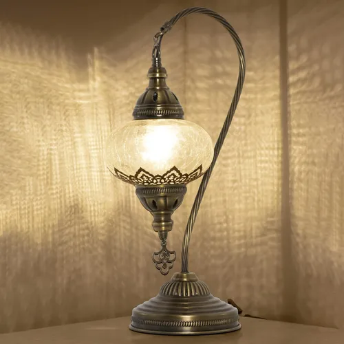 Vista 9 de Lámpara de mesa turca marroquí de vidrio transparente con cuello de cisne, pantalla de lámpara estilo bohemio vintage auténtica, lámpara de cuello