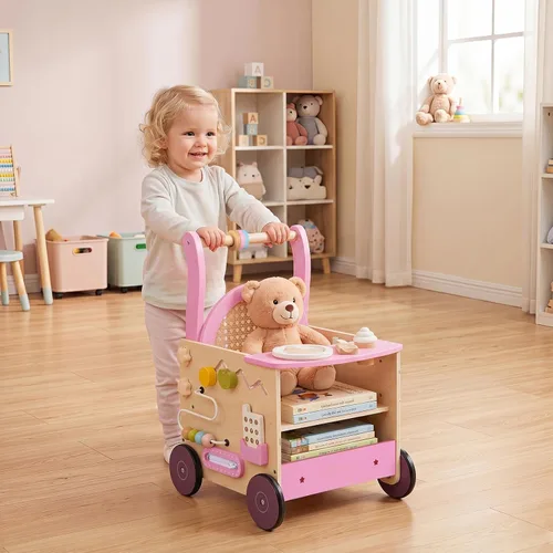 Vista 2 de OLAKIDS Andador de madera para bebés con centro de actividades, juguete Andador de pie con cochecito de muñeca, laberinto de cuentas, engranajes