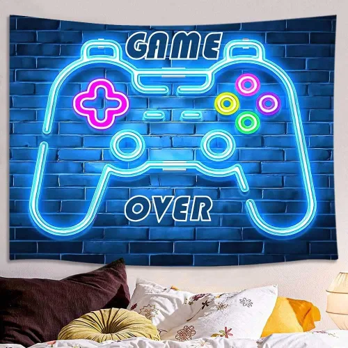 Vista 3 de MERCHR Tapiz de juego de neón, tapiz azul fresco con luz negra para colgar en la pared para hombres y niños, sala de videojuegos, retro de los años