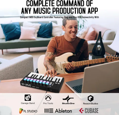 Vista 2 de M-VAVE Controlador de teclado USB MIDI de 25 teclas con 16 almohadillas de batería retroiluminadas, Bluetooth, teclado dinámico semi-pesado