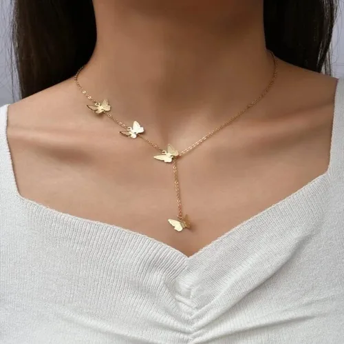 Vista 4 de Collar Lariat de oro para mujer, collar delicado de plata con cadena de serpiente, collar largo con perlas de circonita cúbica, collar de mariposa