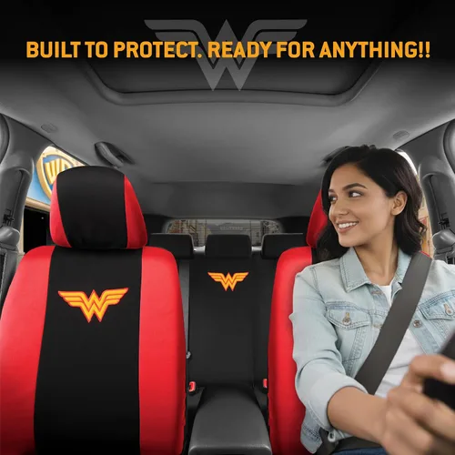 Vista 2 de BDK Wonder Woman - Juego completo de 9 piezas para asientos de automóvil, protectores de asiento de poliéster, color negro y rojo