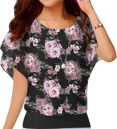 Vista 45 de VIISHOW - Blusa de gasa y de manga corta para mujer, estilo holgado y casual Negro