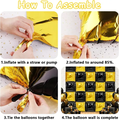 Vista 3 de MEMOVAN Globos cuadrados de papel de aluminio negro y dorado, telón de fondo de pared de doble cara, globos metálicos negros y dorados, guirnalda