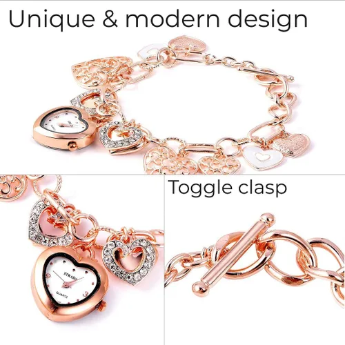 Vista 5 de Shop LC STRADA - Reloj con dije de corazón múltiple para mujer, cristal blanco esmaltado, movimiento japonés (Rosetonetono doradoplata)
