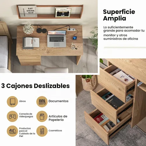 Vista 5 de DREAMADE 42" Computer Desk with 3 Drawers and Keyboard Tray, Natural