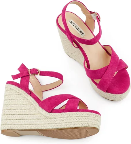 Vista 3 de JOY IN LOVE Alpargatas para mujer, sandalias de plataforma con tacón y correa al tobillo y hebilla