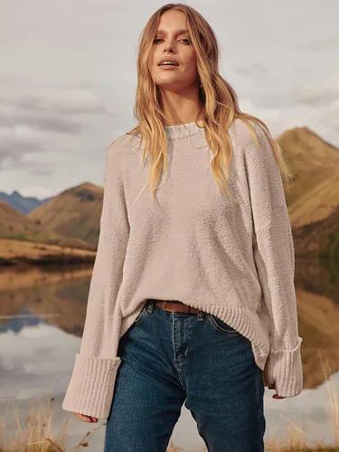 Vista 103 de LOGENE Suéter de gran tamaño para mujer, cuello redondo, manga larga, suave, mullido, suéter de punto 2025 para otoño e invierno