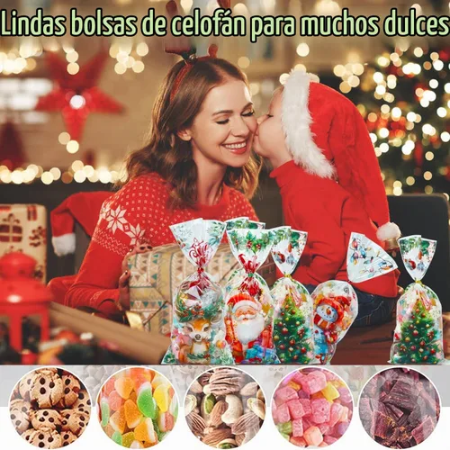 Vista 6 de DIYASY Bolsas de celofán de Navidad, 180 bolsas de regalo de Navidad, bolsa de plástico para dulces, bolsa transparente para bocadillos con lazos