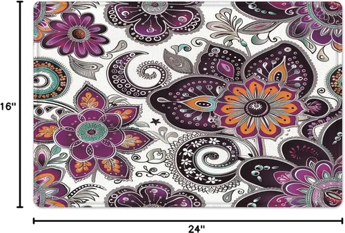 Vista 2 de LB Alfombra de baño de flores bohemias, alfombra de baño antideslizante con estampado floral bohemio morado y negro, espuma viscoelástica suave