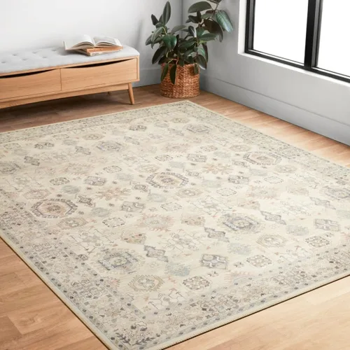 Vista 3 de Loloi Hathaway Collection HTH-04 Beige/Multi 2 pies 3 pulgadas x 3 pies 9 pulgadas, Alfombra de acento de 0.25" de espesor, suave, duradera