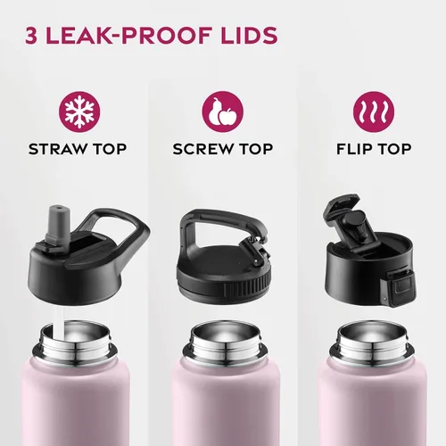 Vista 4 de Botellas de agua de doble pared con aislamiento y pajilla, botella de metal de acero inoxidable con 3 tapas a prueba de fugas, para viajes, escuela
