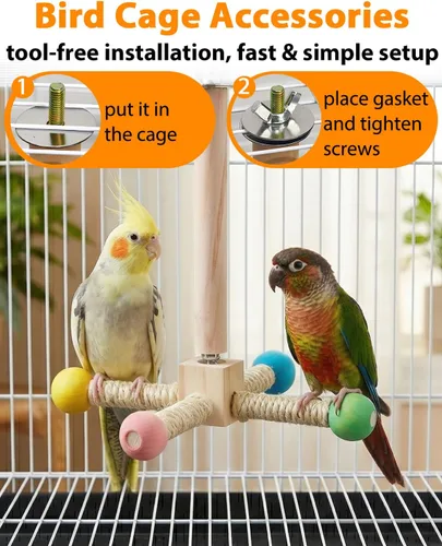 Vista 4 de Juguete de percha para pájaros, juguetes interactivos giratorios para periquitos, rueda de ejercicio de madera, juguete de loro, juguete