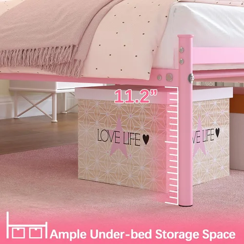 Vista 7 de Weehom Base de cama individual con cabecero, plataforma de metal resistente debajo de la cama, espacio de almacenamiento fácil de montar para niños