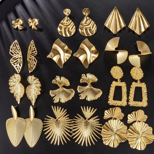 Vista 2 de LOREMOW 12 pares de aretes grandes de oro para mujeres y niñas, aretes grandes geométricos exagerados, aretes colgantes de hojas trenzadas