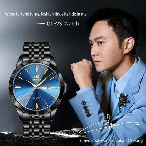 Vista 9 de OLEVS Watch for Men Diamond Business Dress Analog Quartz Stainless Steel Waterproof Luminous Date Two Tone Luxury Casual Wrist Watch Blue