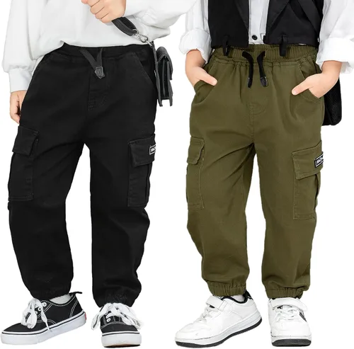 Vista 9 de Pantalones para niño pequeño, paquete de 2 pantalones de meter negro beige (Black+beige)
