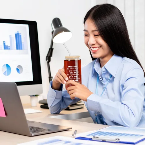 Vista 6 de 6 juegos de tazas de agradecimiento con la frase "May You Be Proud", regalos de agradecimiento para la semana del hogar, taza de vidrio con tapa