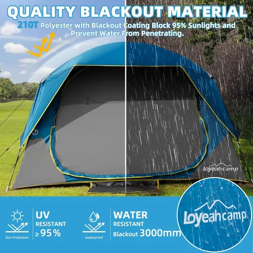 Vista 4 de LOYEAHCAMP Tienda de Campaña Blackout para 4 Personas, Montaje Fácil Tienda Domo Familiar Impermeable para Acampar con Sobretecho, Tienda Familiar