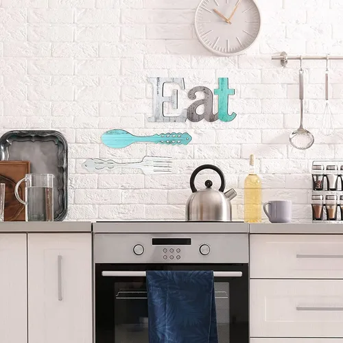 Vista 3 de Juego de letreros de comer, tenedor y cuchara, decoración de pared de madera rústica, decoración de comer, lindas letras para cocina, hogar