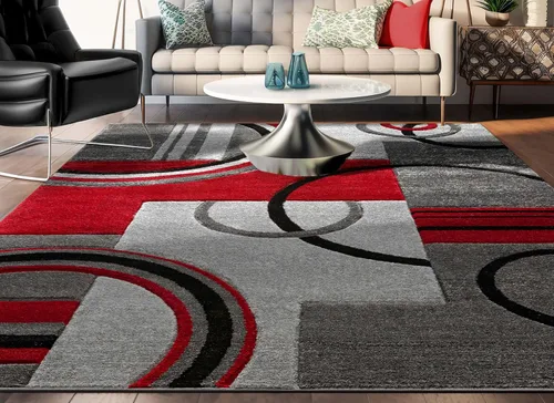 Vista 12 de Alfombra de felpa con círculos geométricos grises y rojos de Well Woven - Galaxy Waves (60010), Poliéster & Mezcla de poliéster