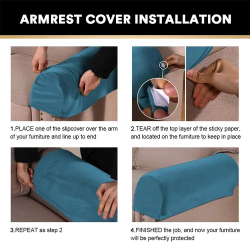 Vista 6 de PrinceDeco 2 Pack Thick Velvet Stretch Armrest Covers for Chairs and Sofas, Non Slip, Blue