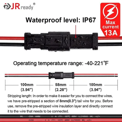 Vista 3 de JRready Deutsch - Kit de conectores de 2 pines dt Pigtail ST9019-3Sets de 2 cables impermeables automotrices con conector a tope de 12 piezas