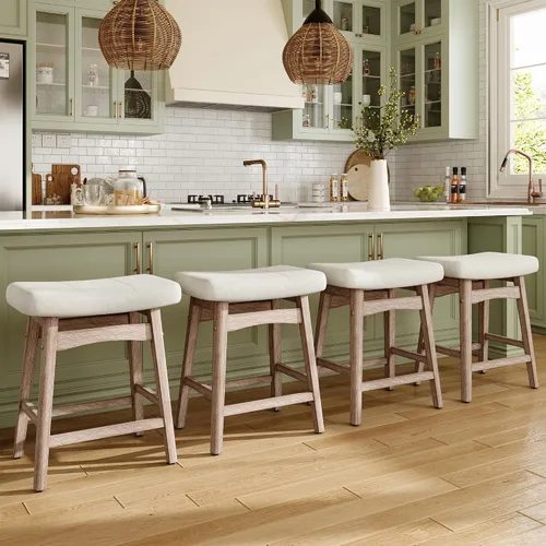 Vista 16 de MAISON ARTS Juego de 4 taburetes de bar grises para encimera de cocina, patas de madera maciza con asiento de silla de montar de piel sintética