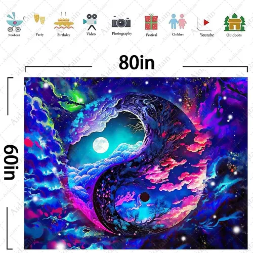 Vista 7 de Aidatain Tapiz de cielo colorido de fantasía, luna, nebulosa deslumbrante, Yin y Yang, tapiz de pared, grande de 80 x 60 pulgadas, tela de franela