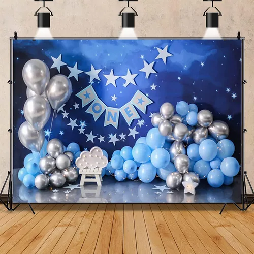 Vista 2 de Telón de fondo de 1er cumpleaños con globos azules y plateados, globos azules y plateados, fondo de fiesta de primer cumpleaños para niños recién