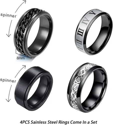 Vista 2 de yfstyle 4 anillos de banda lisa para hombres, anillos de acero inoxidable para hombres, anillos de boda geniales para hombres, anillos giratorios