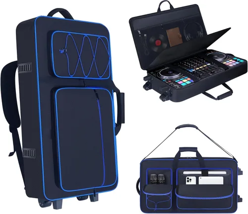Vista 8 de Funda para controlador de DJ compatible con DDJ-FLX10/ 1000/ 1000SRT/ DDJ-GRV6/REV5/REV7, bolsa acolchada con correa ajustable para el hombro Azul