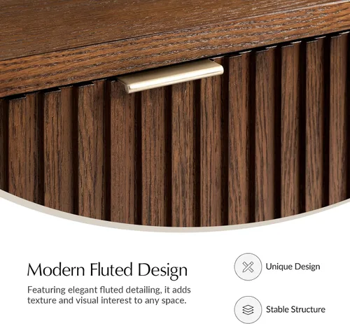 Vista 4 de HULALA HOME Mesa de centro moderna acanalada con almacenamiento, mesa de centro de chapa de roble de madera con mesa ancha, 2 cajones y estante Nogal