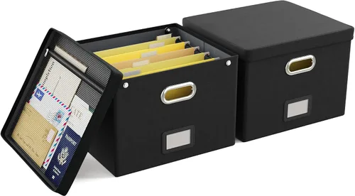 Vista 20 de Oterri Caja organizadora de archivos con tapa, caja de archivos colgante con bolsillo de malla, caja organizadora de documentos para archivos