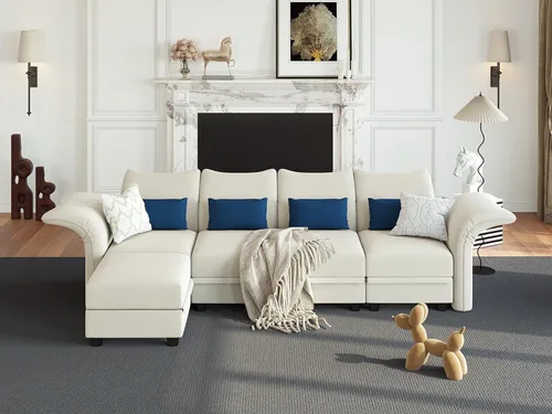Vista 17 de LLappuil Sofá modular de terciopelo en forma de L con almacenamiento, sofá moderno de 5 plazas de 127.8 pulgadas con diván, sofás reclinables de Azul