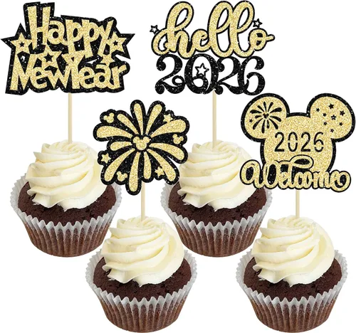 Vista 10 de 24 piezas de adornos para cupcakes de Feliz Año Nuevo 2026 de oro con purpurina, celebra el 2026, adornos de cupcakes para la víspera de Año Nuevo