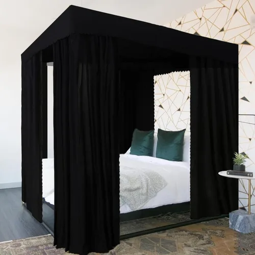 Vista 6 de Cortinas de cama con dosel negro con 4 postes de esquina, cortina