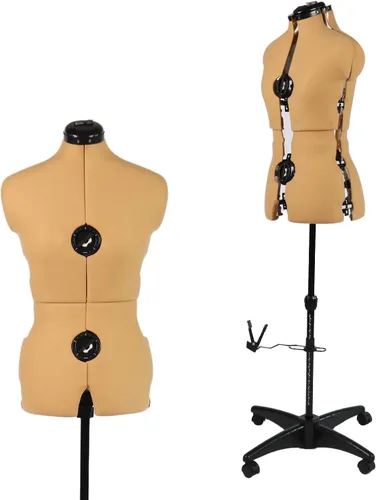 Vista 12 de Maniquí de forma de vestido ajustable beige para costura talla femenina 12-18, cuerpo de modelo con alfileres con 13 diales, ruedas desmontables