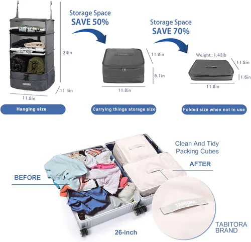 Vista 45 de TABITORA - Estantería portátil y plegable de gran capacidad con ganchos para colgar, ideal como almacenamiento para viajes