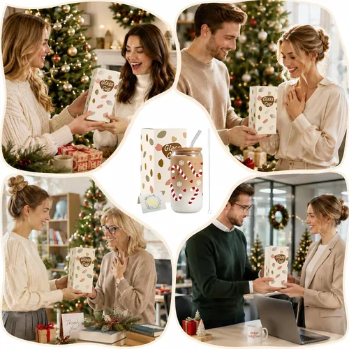 Vista 7 de JEKUGOT Vasos de Navidad para mujeres, vasos de vidrio de 16 onzas con tapa Estilo B