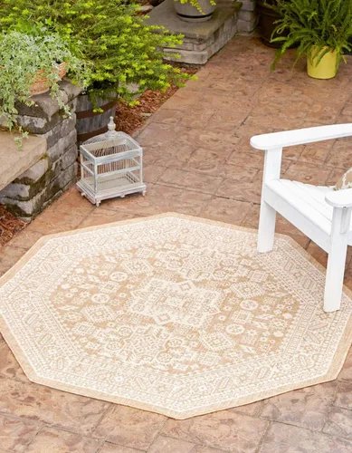 Vista 45 de Unique Loom Outdoor Aztec Collection Alfombra de área, Chalca (5 pies 3 pulgadas, octágono, aguamarina/marfil)