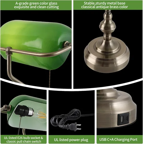 Vista 6 de Lámpara de escritorio de banquero de cristal verde, lámparas de escritorio antiguas con puerto de carga USB, lámpara tradicional de biblioteca