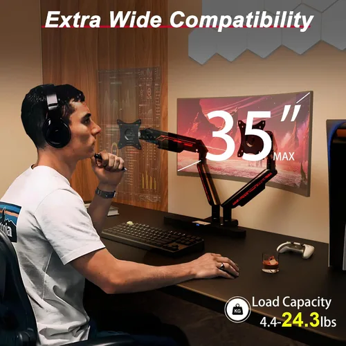 Vista 4 de Fydeamer Brazo de monitor dual para pantallas de 17 a 35 pulgadas de hasta 24.2 libras, soporte ergonómico de monitor de resorte de gas con ajuste