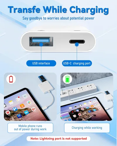 Vista 2 de Adaptador de cámara USB C a USB con puerto de carga PD de 30 W Cable OTG, compatible con iPhone 17/16/15 iPad Android, USB 3.0 hembra