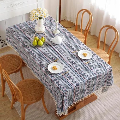 Vista 3 de Mantel bohemio de lino de algodón boheniano con borlas para mesas rectangulares, arpillera a rayas, cubierta de mesa de granja resistente a